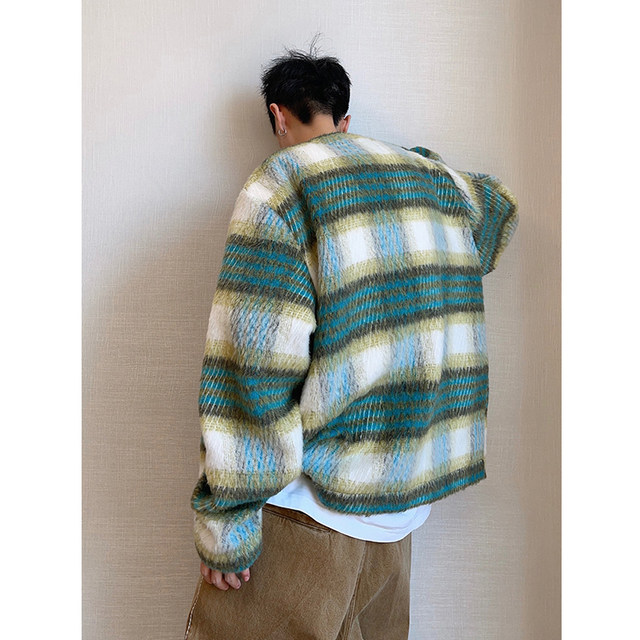 Green plaid plush V-neck woolen jacket