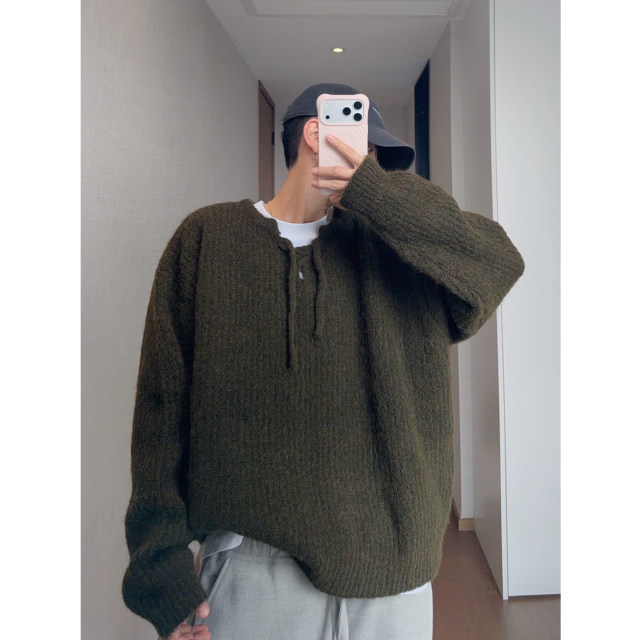 Dannyandzee spring retro all-match solid color brushed drawstring design round neck pullover sweater for male couples