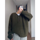 Dannyandzee spring retro all-match solid color brushed drawstring design round neck pullover sweater for male couples