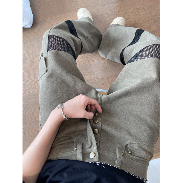 Dannyandzee spring and summer retro old army green canvas splicing mesh low-waist overalls scimitar pants for men