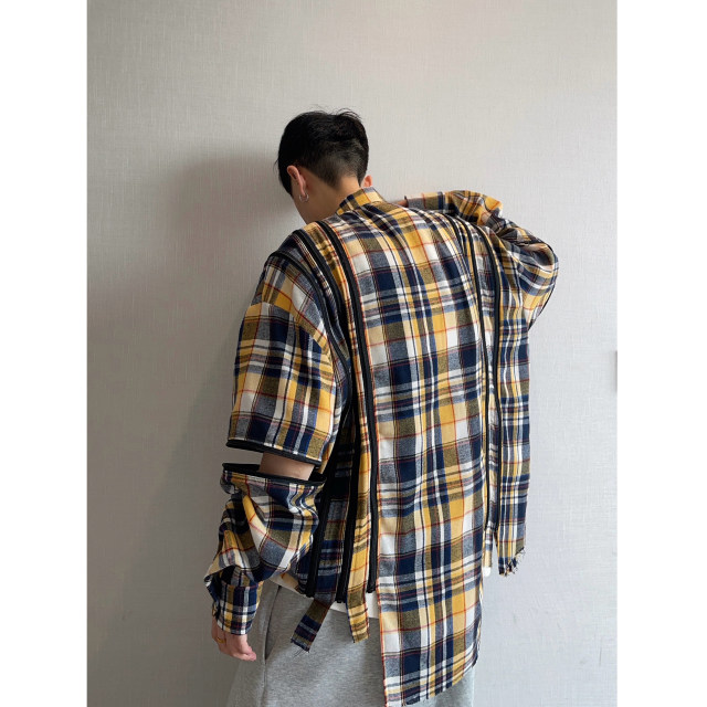Dannyandzee spring and summer colorful yellow and blue plaid retro stitching OVERSIZE detachable long-sleeved shirt for men