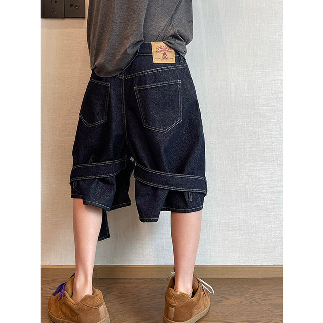 Dannyandzee summer retro all-match loose silhouette denim color double ribbon denim shorts five-quarter pants for men