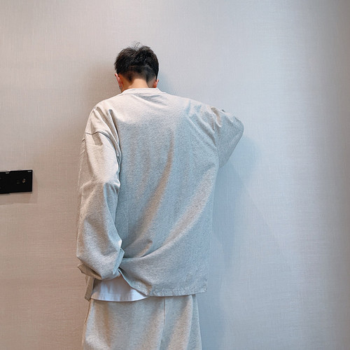 dannyandzee秋季潮牌百搭纯色235g棉二本针圆领长袖T恤男打底衫 - 图2