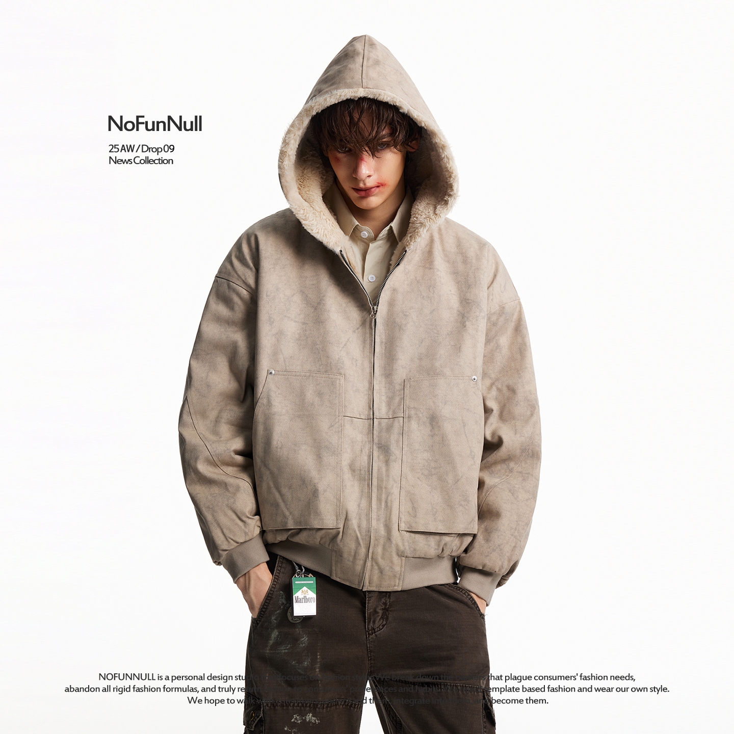 NOFUNNULL 重磅加绒加厚大理石纹座山雕棉衣男女秋冬保暖连帽外套 - 图2