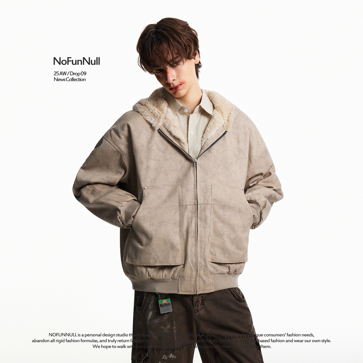 NOFUNNULL 重磅加绒加厚大理石纹座山雕棉衣男女秋冬保暖连帽外套 - 图1