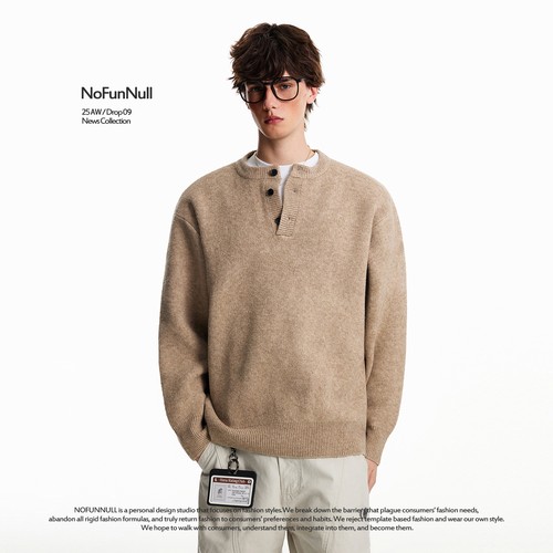 NOFUNNULL 美式亨利领纽扣套头毛衣男秋冬宽松休闲圆领针织衫上衣 - 图2