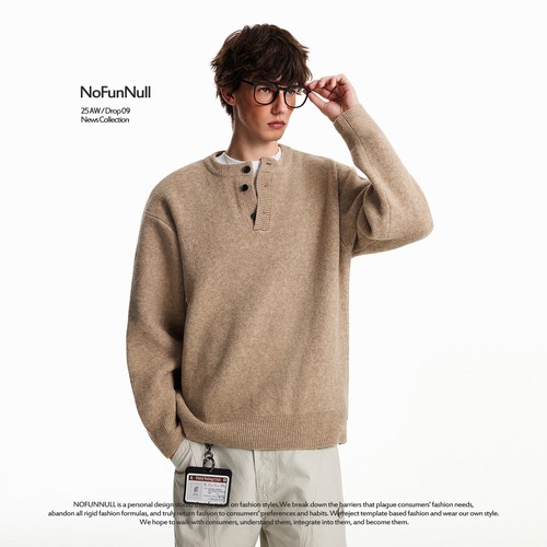 NOFUNNULL 美式亨利领纽扣套头毛衣男秋冬宽松休闲圆领针织衫上衣 - 图3
