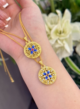 s925银镀金珐琅彩吊坠项链女新中式镂空洋气锁骨链吊坠