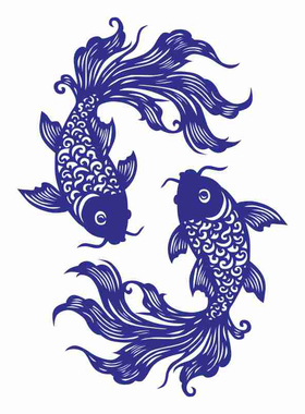 中国风锦鲤剪纸镂空蓝金色剪纸画