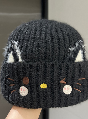 日系甜美可爱猫耳朵针织帽女冬季加绒保暖百搭护耳毛线帽减龄冷帽