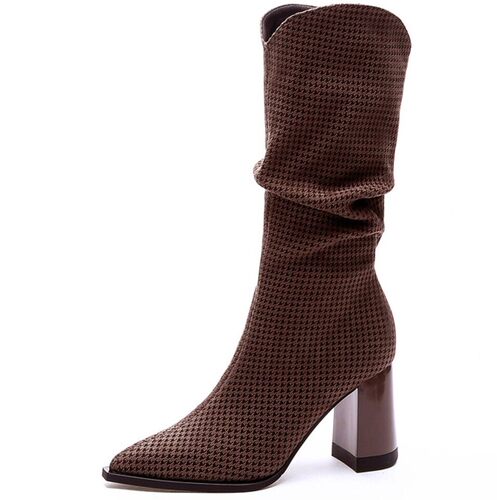 韩版时装粗跟堆堆靴女2023秋冬千鸟格尖头高跟鞋女职业中跟中筒靴 - 图3