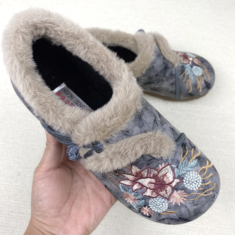 冬季新款加绒加厚保暖女士棉鞋复古民族绣花妈妈老北京平底棉鞋,淘宝优惠券,粉丝福利购,淘宝优惠卷