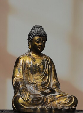 阿弥陀佛像纯黄铜雕佛像释迦牟尼客厅佛堂供佛桌面装饰品复古摆件