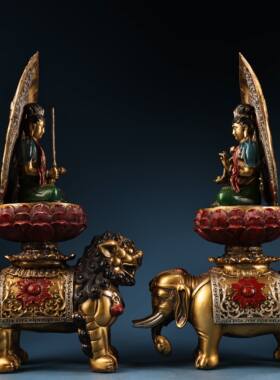 文殊普贤菩萨神佛像藏传密宗纯铜复古家居里用佛堂供奉装饰品摆件