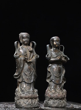 精工纯黄铜童男童女招财童子一套善财童子铜站像复古摆件金童玉女