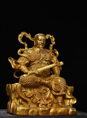 真武大帝铜像摆件纯黄铜鎏金仿古铜器家居佛堂供佛桌面装饰品摆件