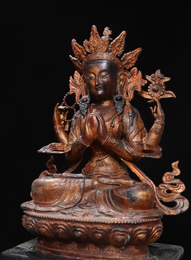 大号纯铜四臂观音菩萨神佛像寺庙佛堂供奉装饰工艺品藏传复古摆件