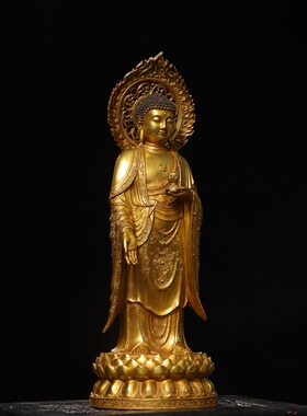 大号西方三圣站阿弥陀佛像带背光纯铜鎏金家居佛堂供奉装饰品摆件