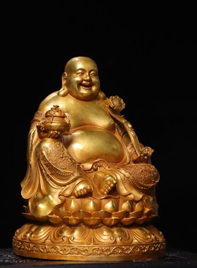 坐莲弥勒佛像纯黄铜器雕鎏金复古家居佛堂供奉装饰工艺品桌面摆件