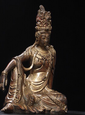 纯黄铜器泥金自在观音菩萨佛像家居用室内供奉装饰工艺品桌面摆件