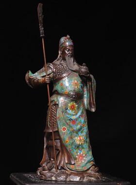大号关公羽二爷竖刀武财神纯铜雕景泰蓝珐琅彩复古装饰工艺品摆件