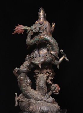大号玉龙观音菩萨神佛像纯黄铜雕佛堂供奉装饰工艺品桌面复古摆件