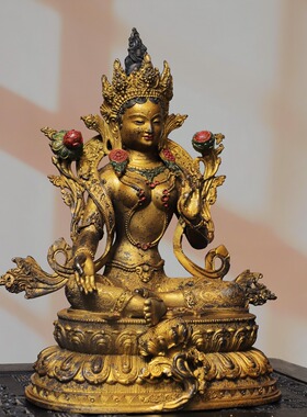 绿度母黄铜拓金佛像仿古铜器藏佛菩萨客厅佛堂供佛装饰品桌面摆件