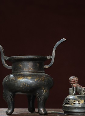 纯铜拓金狮盖熏香炉仿古铜器龙耳香薰炉家居茶道装饰品工艺品摆件