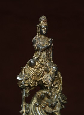 古玩收藏纯铜泥金龙头鱼自在观音菩萨铜器像佛像家居佛堂供奉摆件