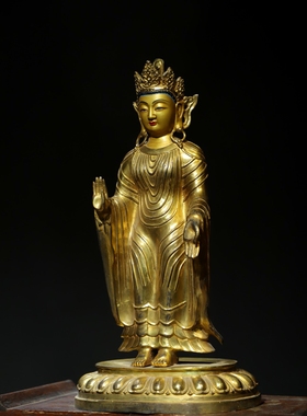 旃檀佛仿古纯黄铜器雕全鎏金北魏佛像观音家居佛堂桌面装饰品摆件