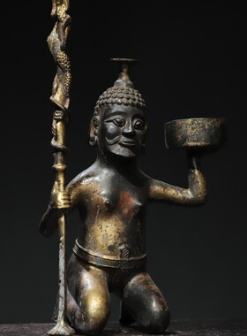 力士烛台纯黄铜器雕复古家居客厅佛堂供奉装饰工艺品桌面收藏摆件