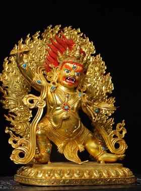 大黑天财神纯黄铜器鎏金彩绘藏传密宗金刚手菩萨佛像供奉桌面摆件