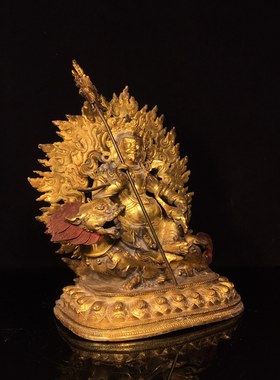 尼泊尔纯铜鎏金财宝天王财神佛像家用佛堂供奉装饰毗沙门天王摆件