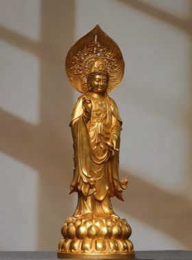 站观音菩萨神佛像纯黄铜器雕鎏金家居佛堂供奉装饰工艺品桌面摆件