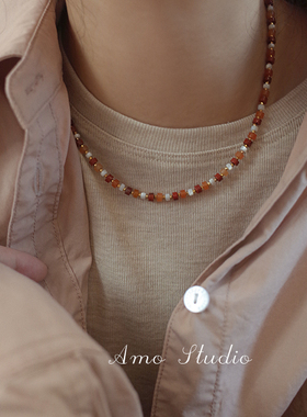 AMO天然石彩色串珠项链女小众