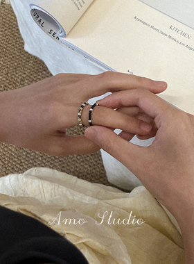 天然绿松石黑玛瑙串珠戒指细素圈