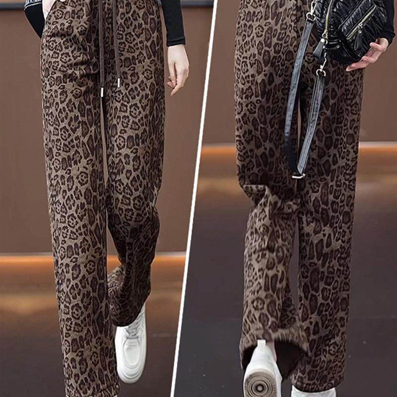 2025新款豹纹休闲卫裤阔腿女裤秋冬款加绒加厚抽绳松紧腰直筒裤子,淘宝优惠券,粉丝福利购,淘宝优惠卷