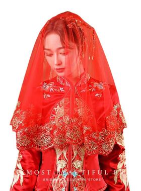 2026新款中式新娘蒙头红盖头新娘秀禾高级出嫁苏绣头纱喜帕半透明