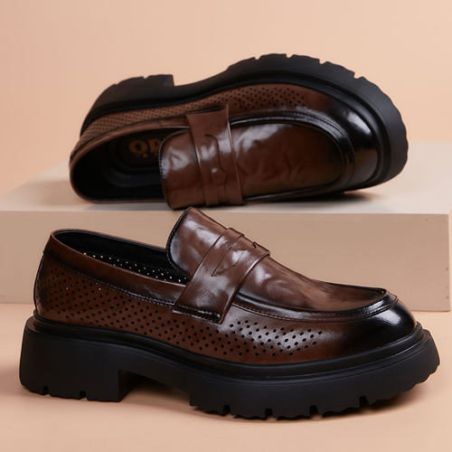 皮鞋男士夏季镂空透气防臭一脚蹬真皮百搭商务休闲时尚套脚乐福鞋 - 图2