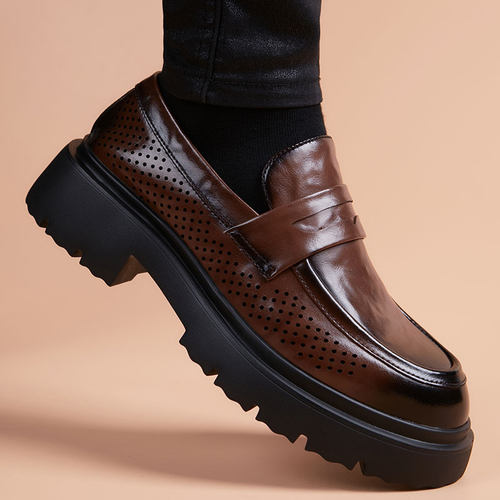 皮鞋男士夏季镂空透气防臭一脚蹬真皮百搭商务休闲时尚套脚乐福鞋 - 图1