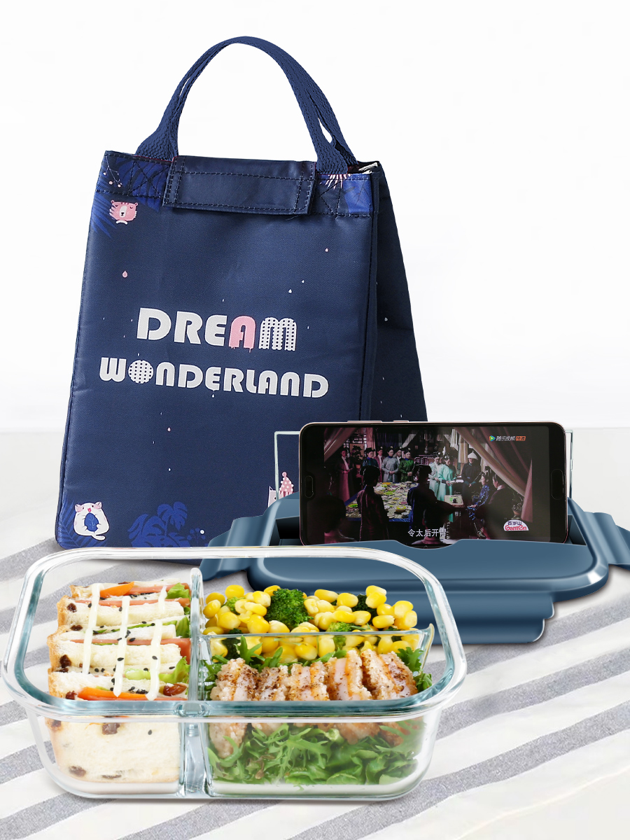 跨界家居旗舰店玻璃饭盒分隔型上班族可微波炉加热专用碗学生保温便当盒餐盒套装1