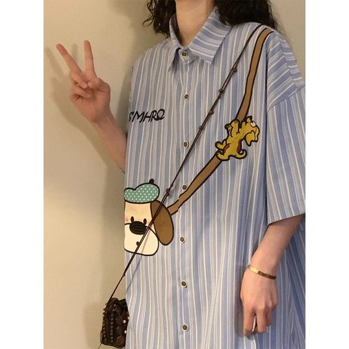 Naga自制夏美式复古宽松潮牌趣味卡通日系竖条纹短袖衬衫上衣男女 - 图0