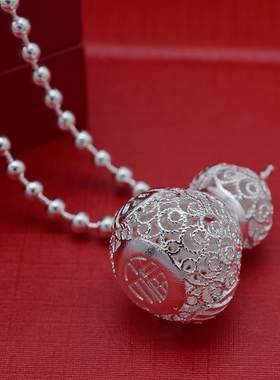 999足银福字花丝镂空葫芦项链吊坠纯银饰品银毛衣链坠子生日礼物
