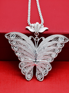 纯银s999足银民族风景泰蓝拉丝手工双层蝴蝶吊坠项链女毛衣链饰品