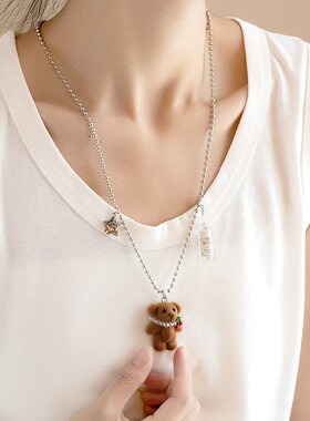 S925纯银毛绒小熊毛衣链子