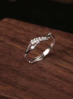 纯银麦穗锆石戒指港风ins时髦设计感叶子食指戒潮精致橄榄枝指环