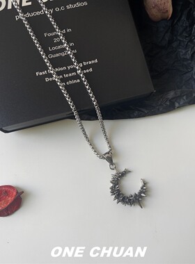 原创复古月亮刺猬吊坠项链男小众设计高级感夸张毛衣链女嘻哈潮酷