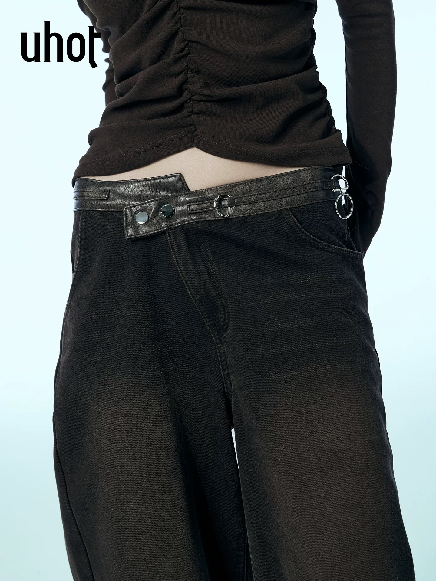 uhot/诱货咖色拼皮水洗阔腿牛仔裤休闲优雅大气复古新款UWWW3K344 - 图1