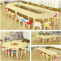 Kindergarten solid wood table and chairs Children composition study table Early education training course splicing large school students fine art table