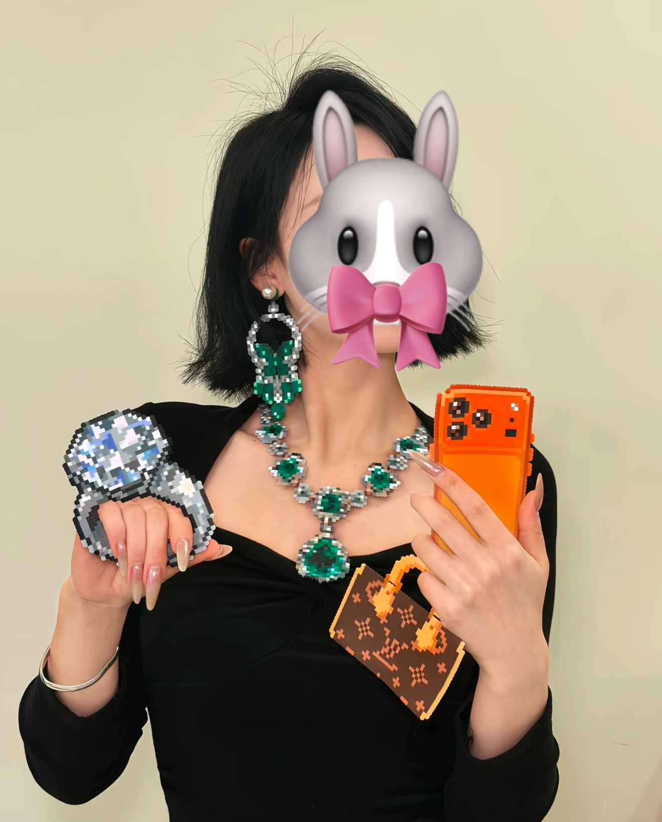 Bean-finished gemstone necklace, earrings, diamond ring, love style model, fusion bean bag, Internet celebrity photo props
